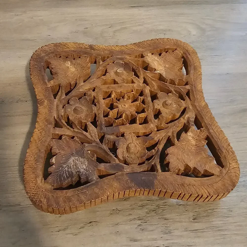 Vintage Hand Carved Wooden Trivet Indian Teak Hot Plate Boho Footed Wall Decor